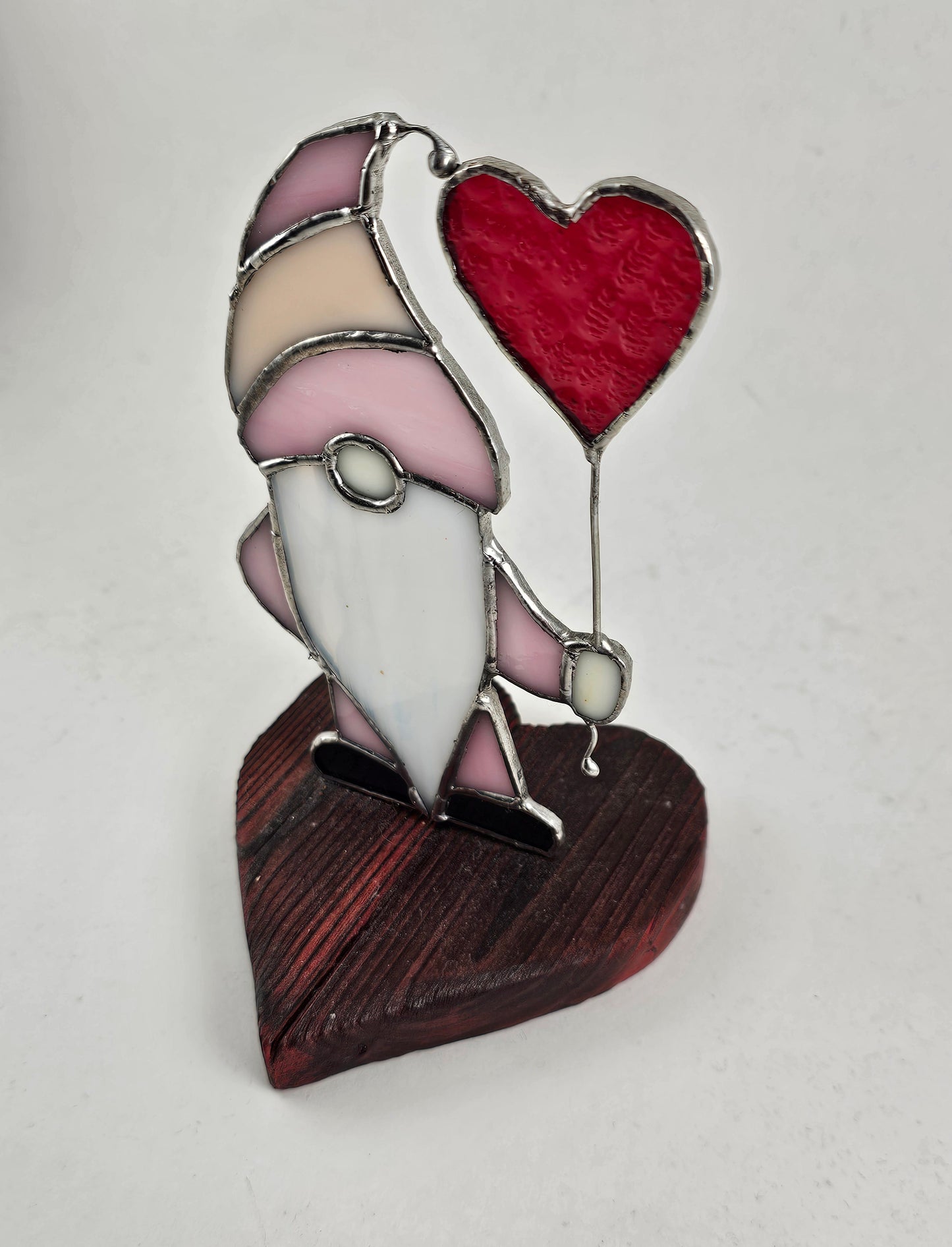 Valentines Gnome on Wood Base Stained Glass