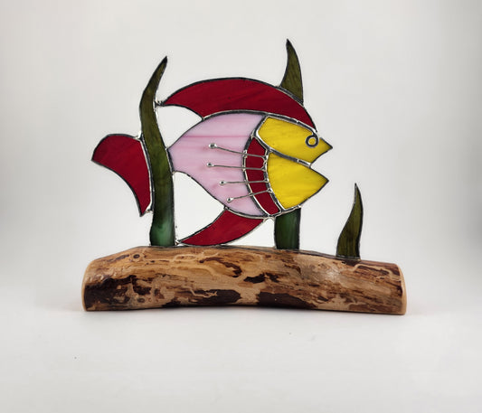 Abstract Colored Fish on Log Stained Glass