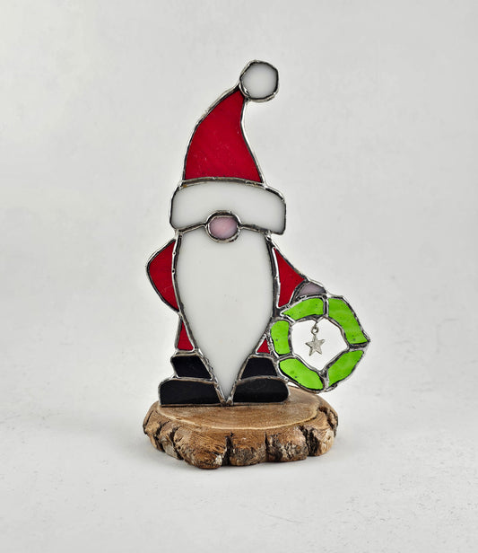 Christmas Santa Gnome on Wood Base Stained Glass