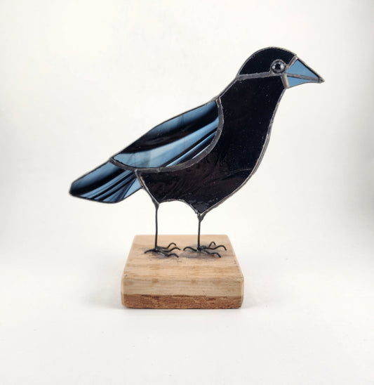 Wooden Base Crow Stained Glass