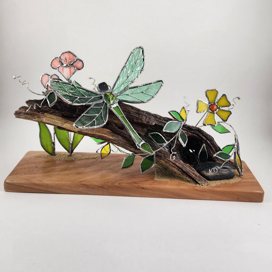 Dragonfly and Flowers on log Stained Glass