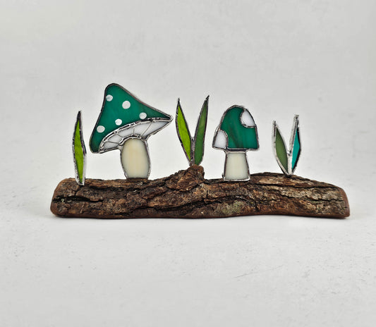 Green Mushrooms on Log Stained Glass