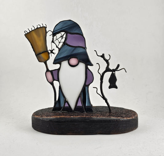 Halloween Gnome on Wood Base Stained Glass