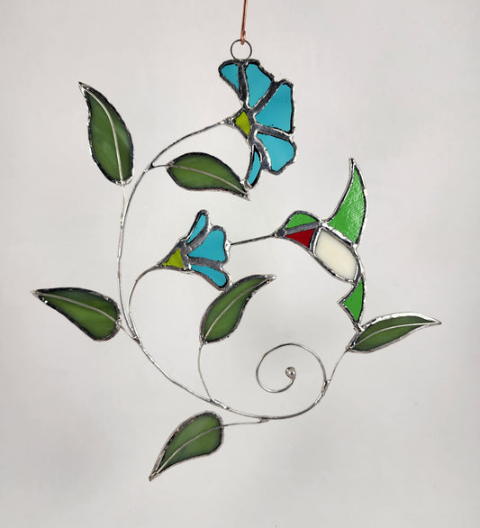 Hanging Hummingbird with Blue Flowers Stained Glass