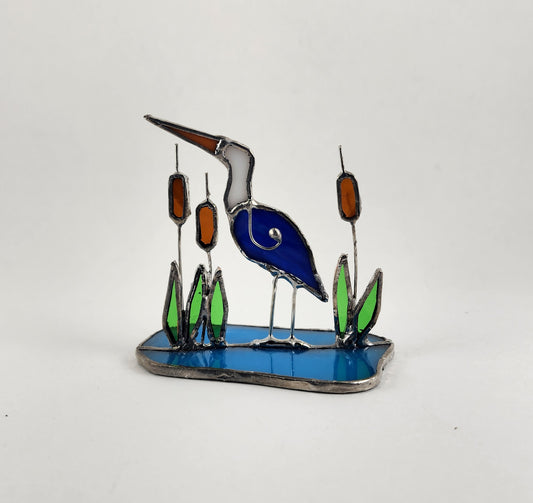 Heron in Cattails, Glass Base Stained Glass