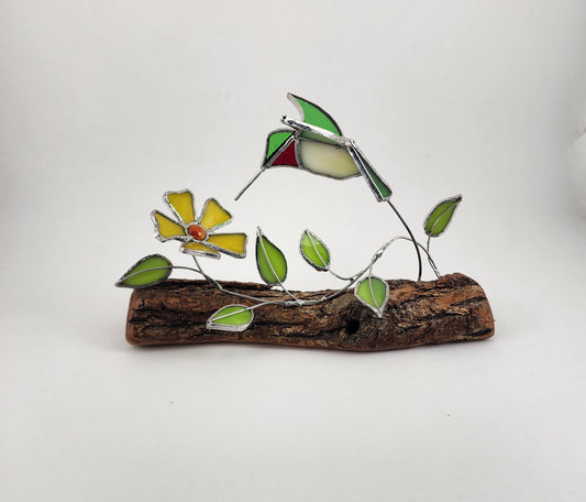 Hummingbird on Log Stained Glass