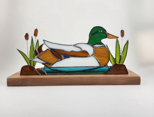 Mallard on Wooden Base Stained Glass