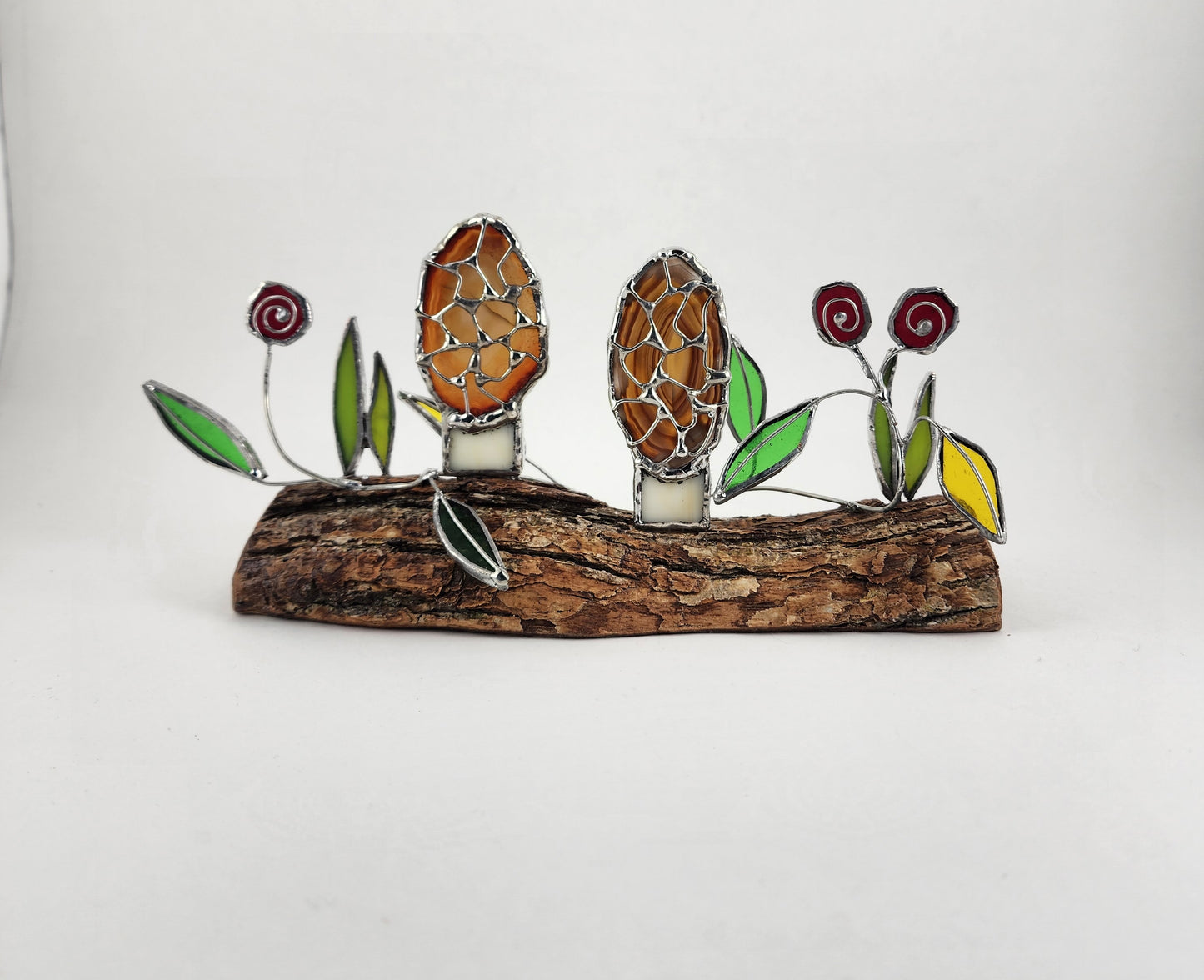 Morel/Agate Mushroom with Flowers on Log Stained Glass