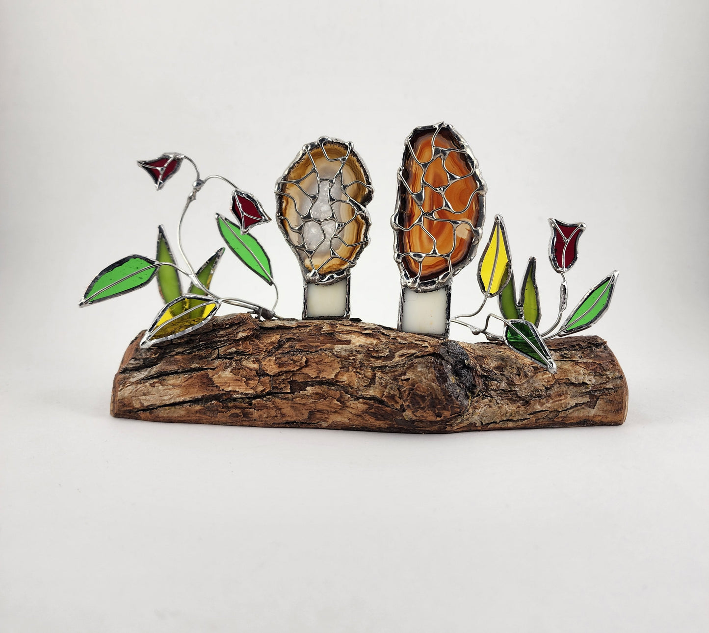 Morel/Agate Mushroom with Flowers on Log Stained Glass