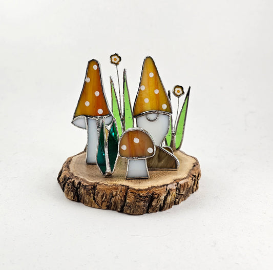 Mushrooms and Gnome on Stump Stained Glass