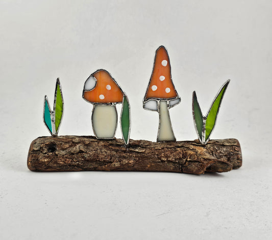 Orange Mushrooms on Log Stained Glass