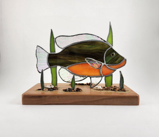 Pumpkinseed Sunfish on Wooden Base Stained Glass