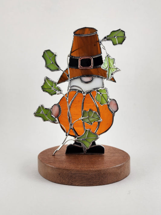 Thanksgiving Gnome on Wood Base Stained Glass