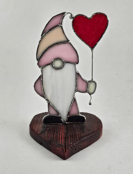 Valentines Gnome on Wood Base Stained Glass