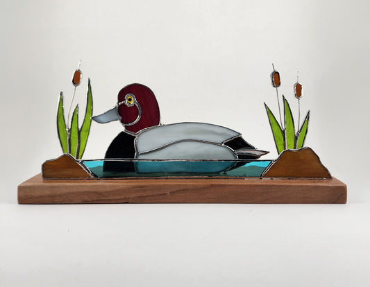 Red Head Duck on Wooden Base Stained Glass