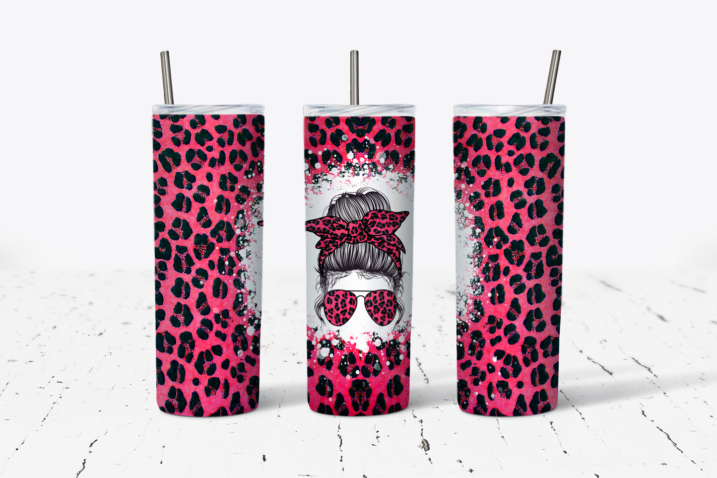 Messy Bun Pink Leopard Tumbler