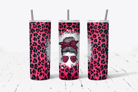 Messy Bun Pink Leopard Tumbler