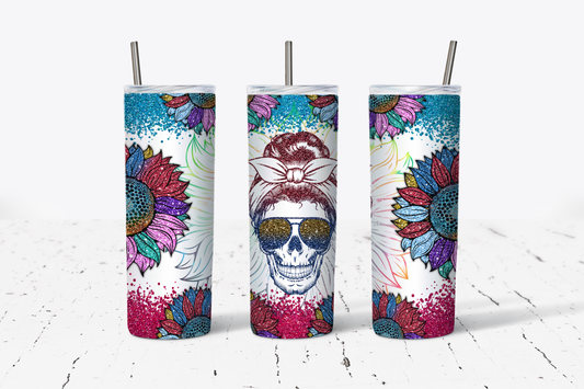 Messy Bun Glitter Skull Tumbler