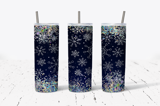 Navy Blue and Silver Snowflakes Tumbler
