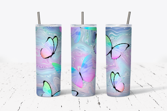 Glitter and Soft Rainbow Pastel Butterflies Tumbler