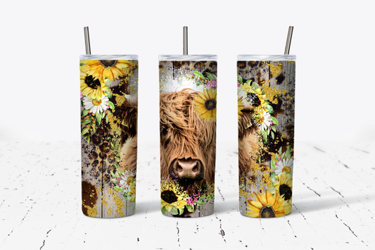 Highland Cow Floral Wood Tumbler