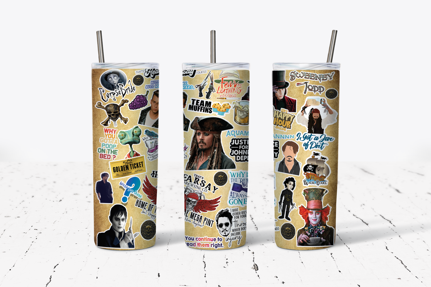 Depp Collage Tan Background Tumbler